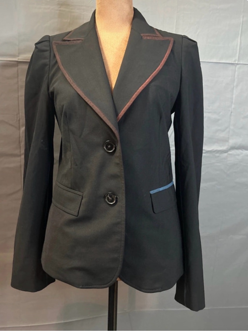 DKNY Black Blazer with Brown Trim and Blue Pocket Accent
